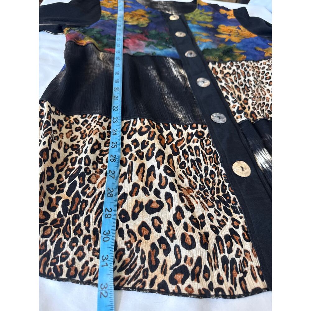 Boho Patchwork Burnout Velvet Tunic Blouse Watercolor Leopard Mixed Print M - Picture 4 of 8